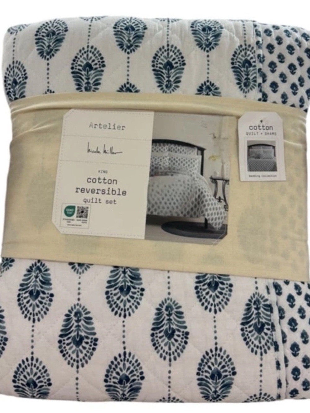 Nicole Miller Blue and White King Reversible Cotton Quilt Set 106”x92”